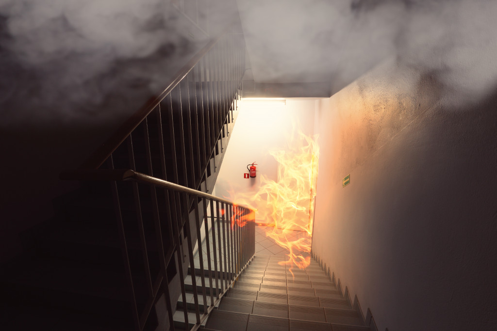 fire by the building stairs